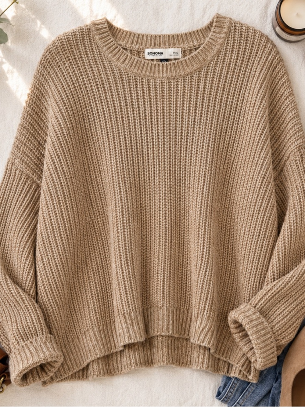 Sonoma Beige Chunky Knit Sweater Petite XXL Crewneck Cozy Slouchy Pullover